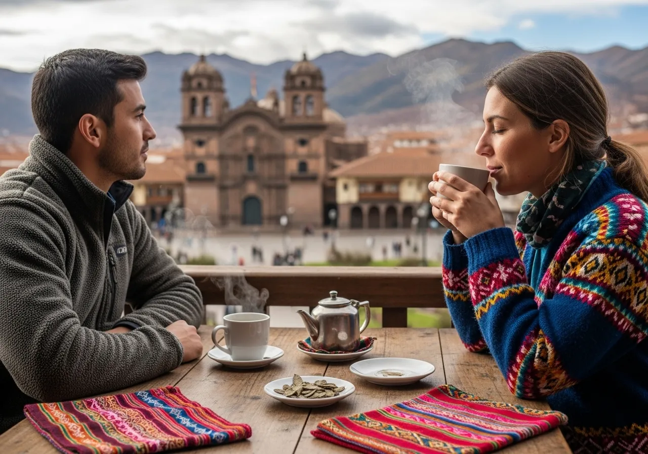 Turista bebiendo mate de coca con vista a la ciudad de Cusco