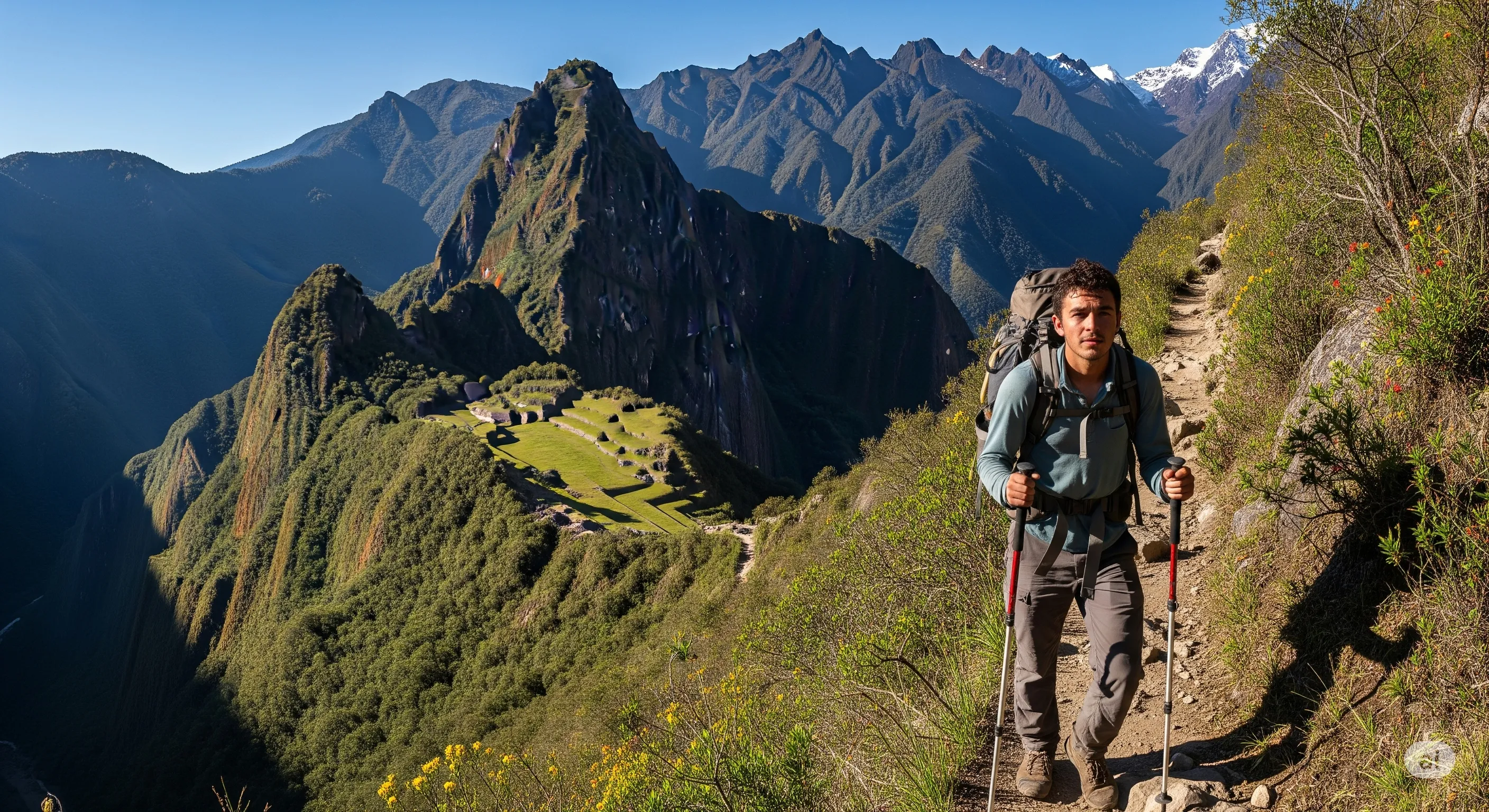Senderista en el Camino Inca con montañas de fondo